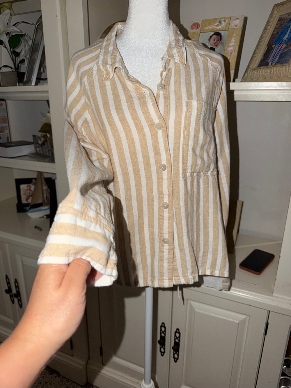Universal Thread Beige and White Striped Button-Down Shirt